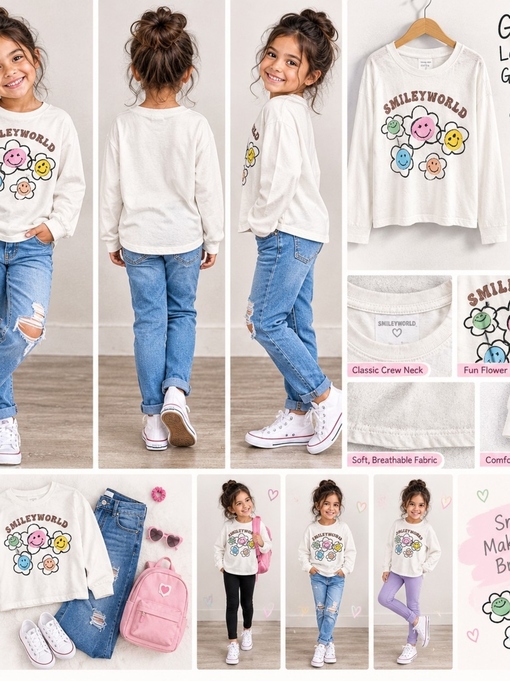 Cream Long-Sleeve Kids Tee with Flower Faces OshKosh Girls Size 10